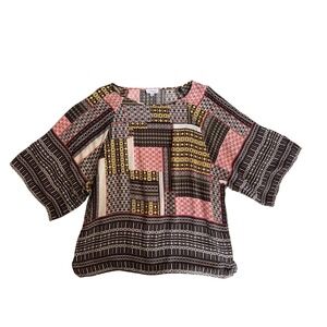 Westbound Womens XL Patchwork Geometric Print Blouse 3/4 Sleeve Multi Color Top